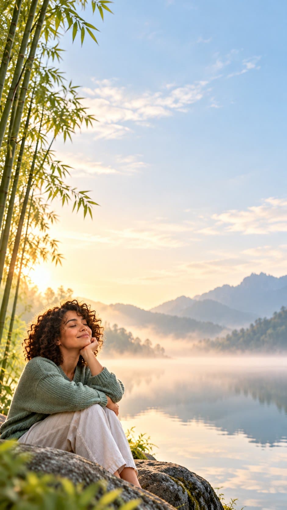 A woman sits on a rock by a misty lake at sunrise, eyes closed, smiling softly, with bamboo beside her.