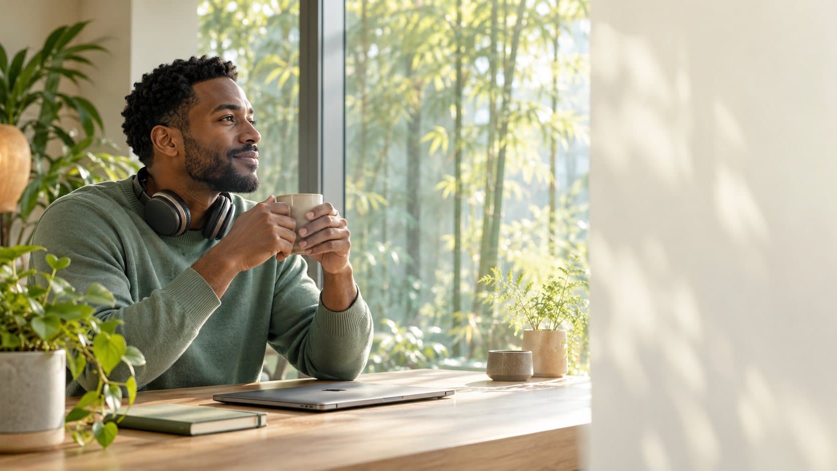 A man in a green sweater holds a mug by a sunny window during the workday, headphones around his neck, smiling as he looks outside.